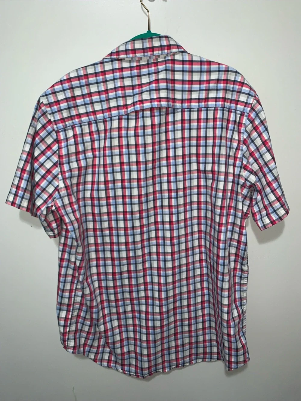Wrangler Men’s Short-Sleeve Plaid Button-Down Shirt in Red, White, Blue